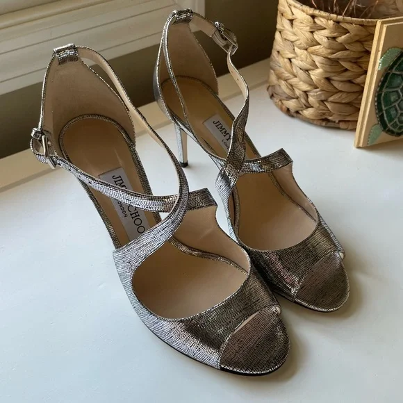 Jimmy Choo Emily 85 Metallic Silver Lizard Print Heels |  37.5 | Like New w/ Box - Picture 3 of 10